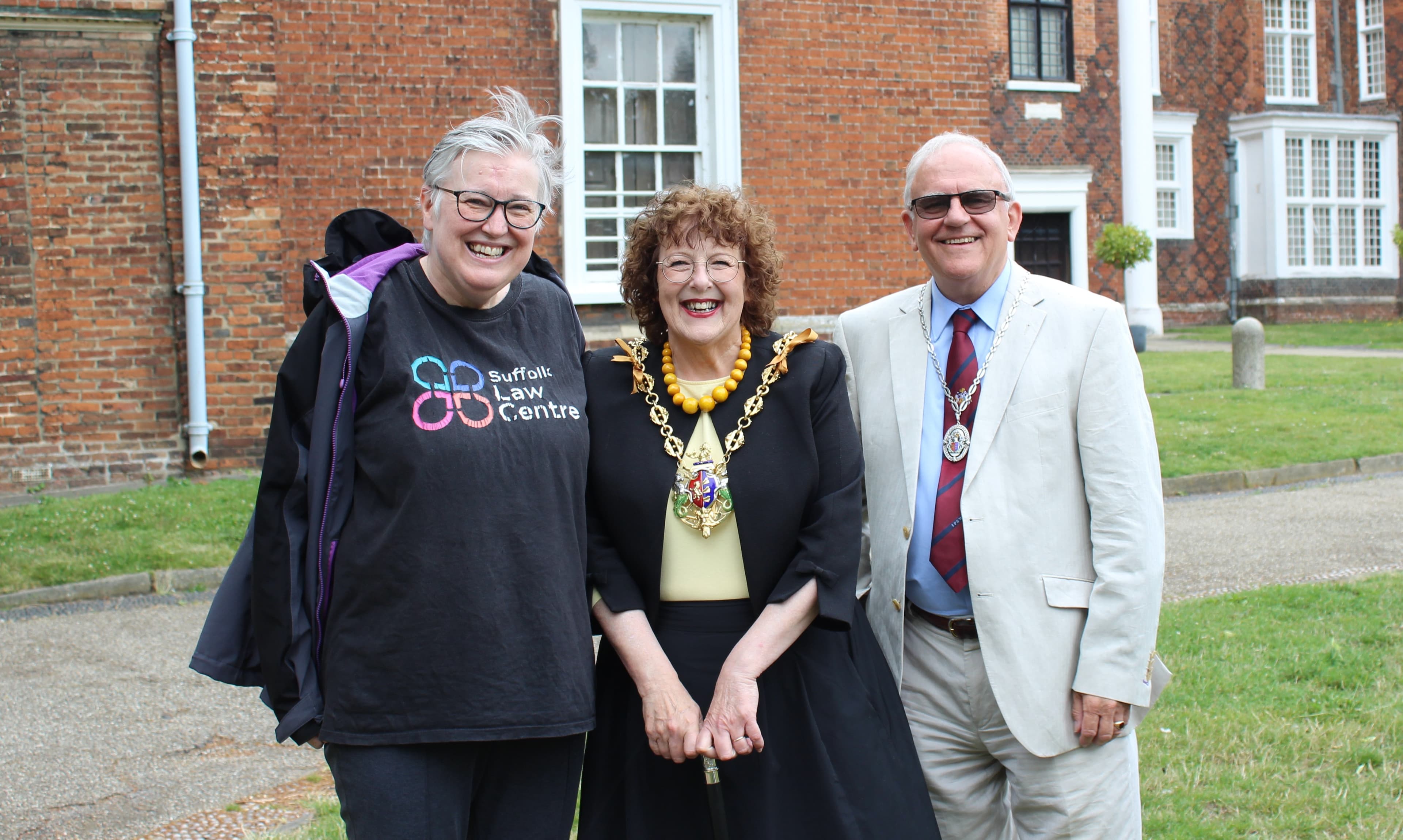 From left to right: Audrey Ludwig, Lynne Mortimer, Mayor of Ipswich 2023–24, and James Hayward, Mayor Consort, at the Ipswich Legal Walk in 2023. Photo credit: Suffolk Law Centre.